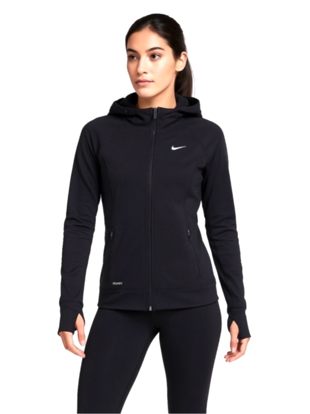 Nike DRI-FIT Full Zip Running Jacket Hooded Black Women’s Small Thumbholes